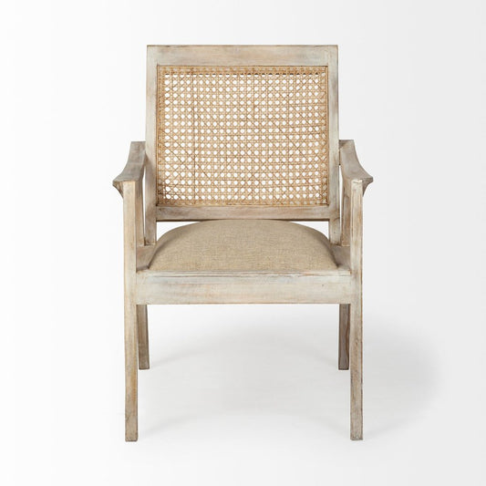 28" Cream and Natural Fabric Distressed Arm Chair HomeRoots