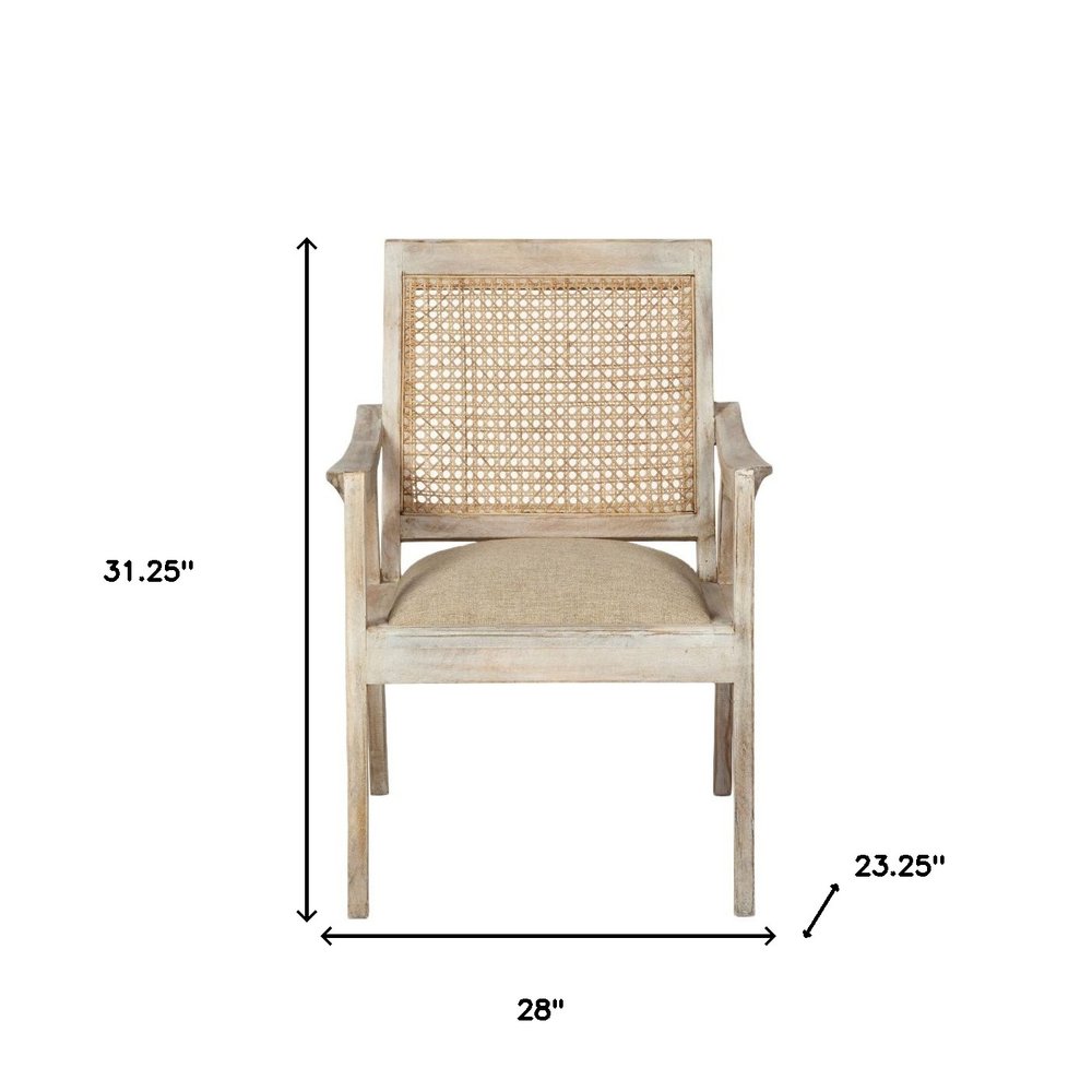28" Cream and Natural Fabric Distressed Arm Chair HomeRoots