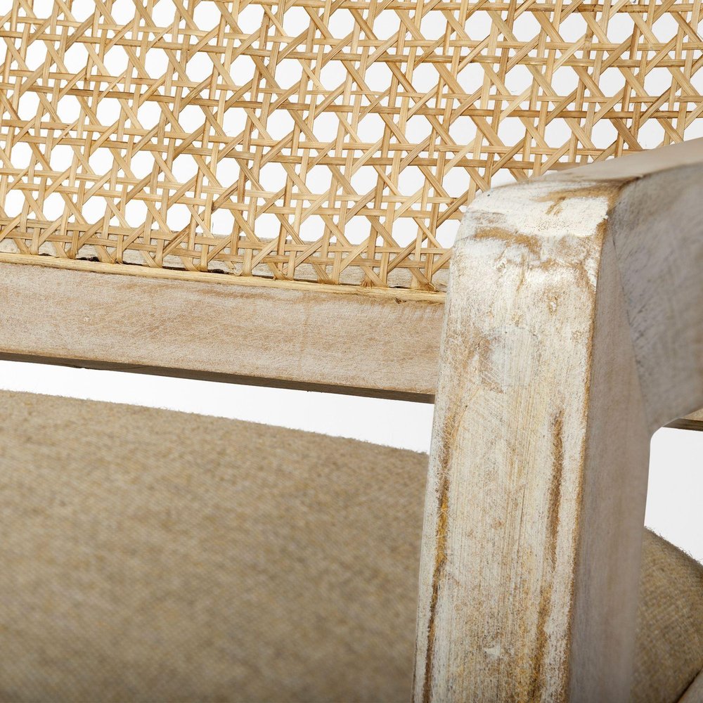 28" Cream and Natural Fabric Distressed Arm Chair HomeRoots