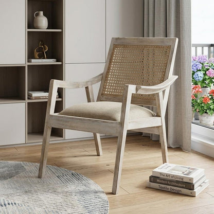 28" Cream and Natural Fabric Distressed Arm Chair HomeRoots