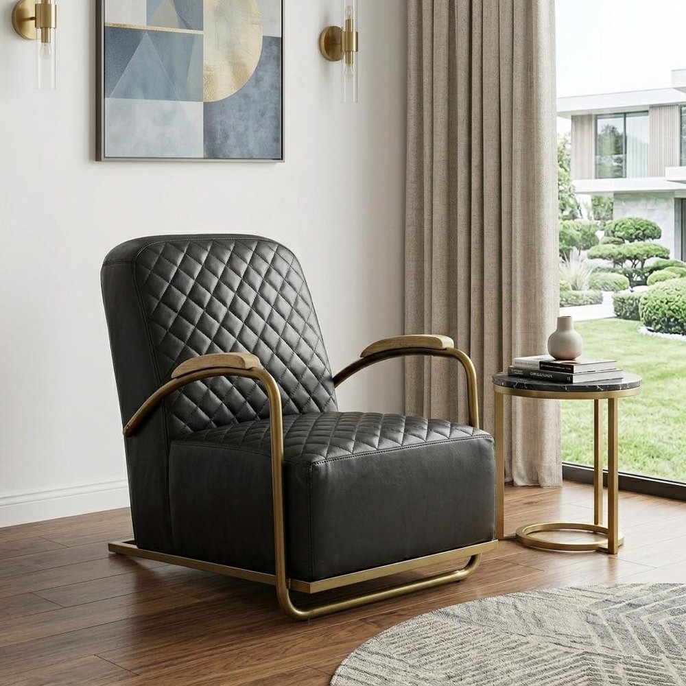 36" Black and Gold Leather Lounge Chair HomeRoots