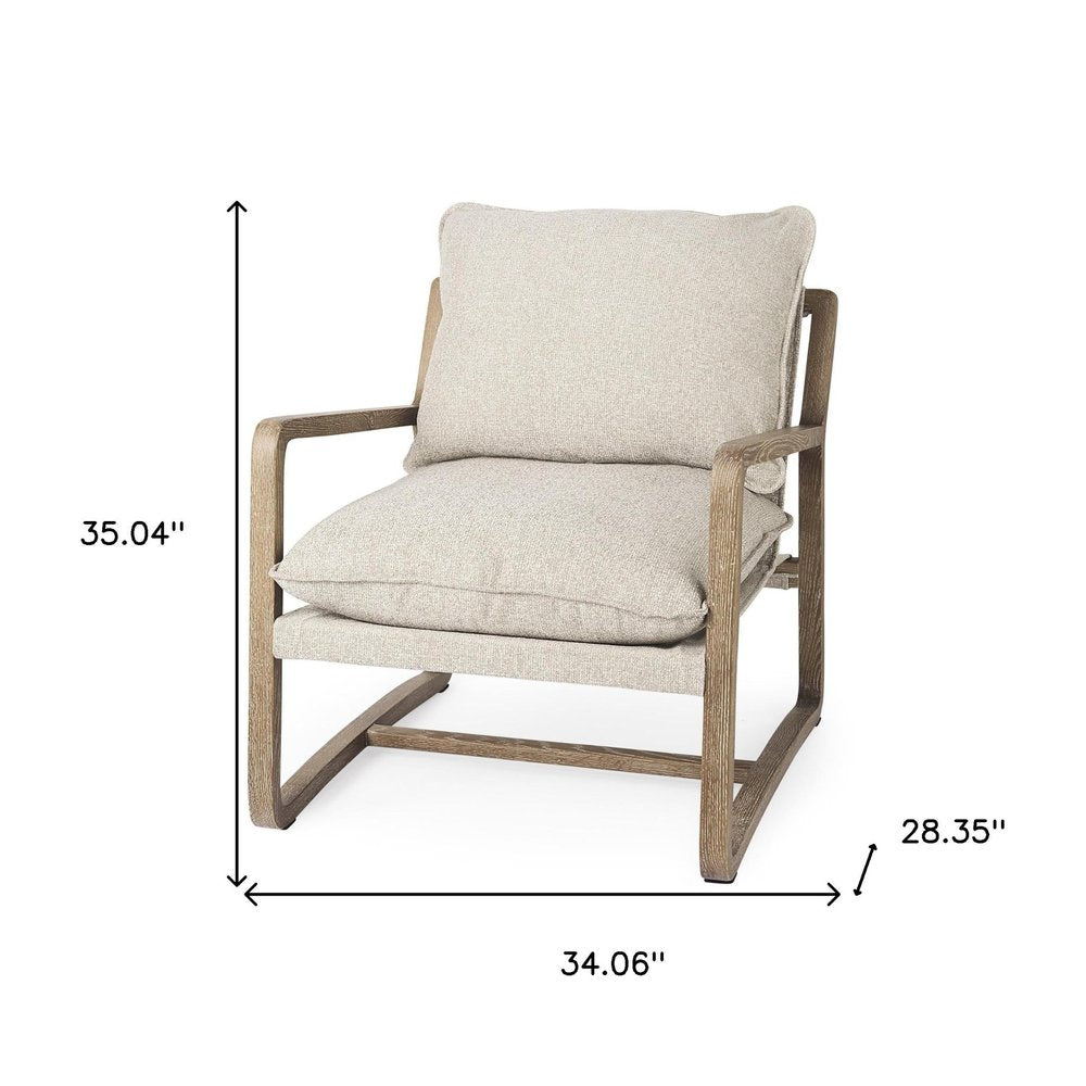 34" Beige And Wood Brown Fabric Lounge Chair HomeRoots
