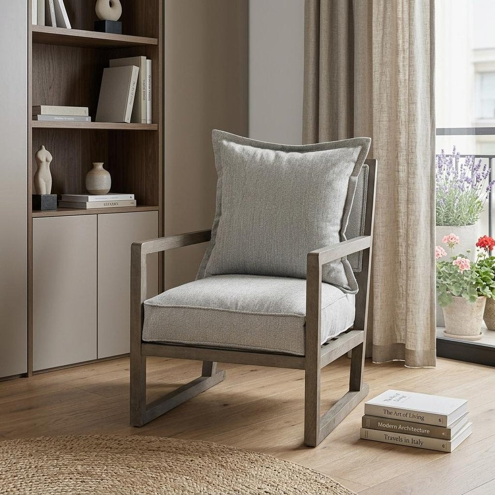32" Ash Gray and Brown Fabric Arm Chair HomeRoots