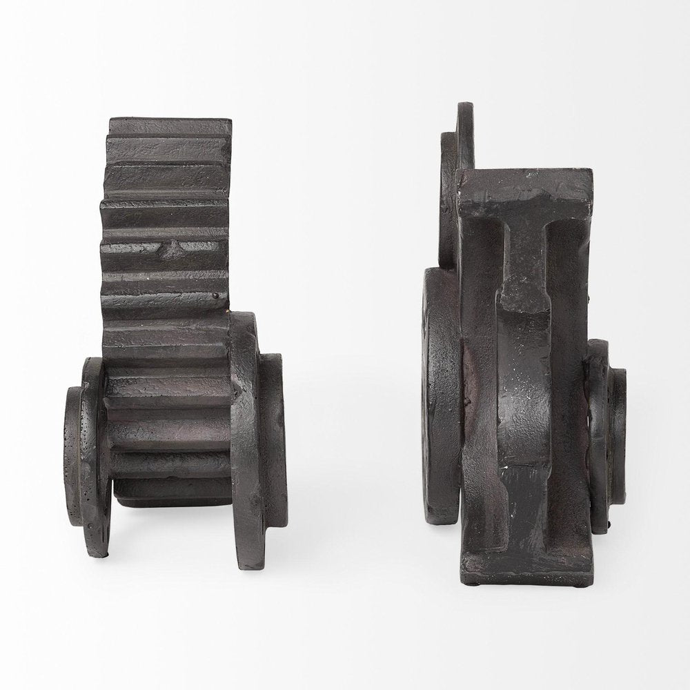 Set of Two Matte Black Industrial Cog Bookends HomeRoots