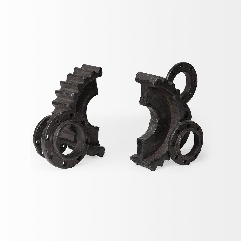 Set of Two Matte Black Industrial Cog Bookends HomeRoots