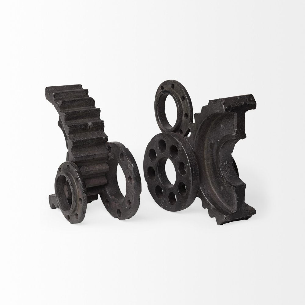 Set of Two Matte Black Industrial Cog Bookends HomeRoots