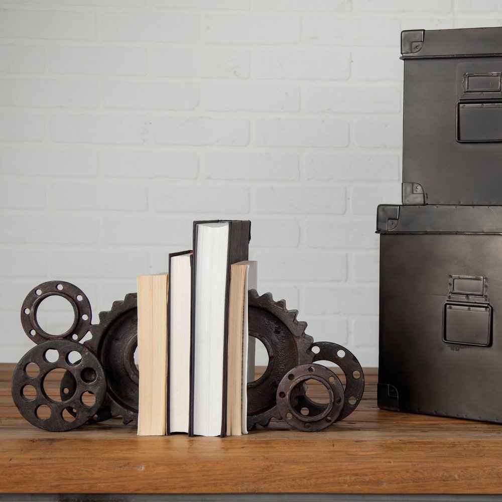 Set of Two Matte Black Industrial Cog Bookends HomeRoots