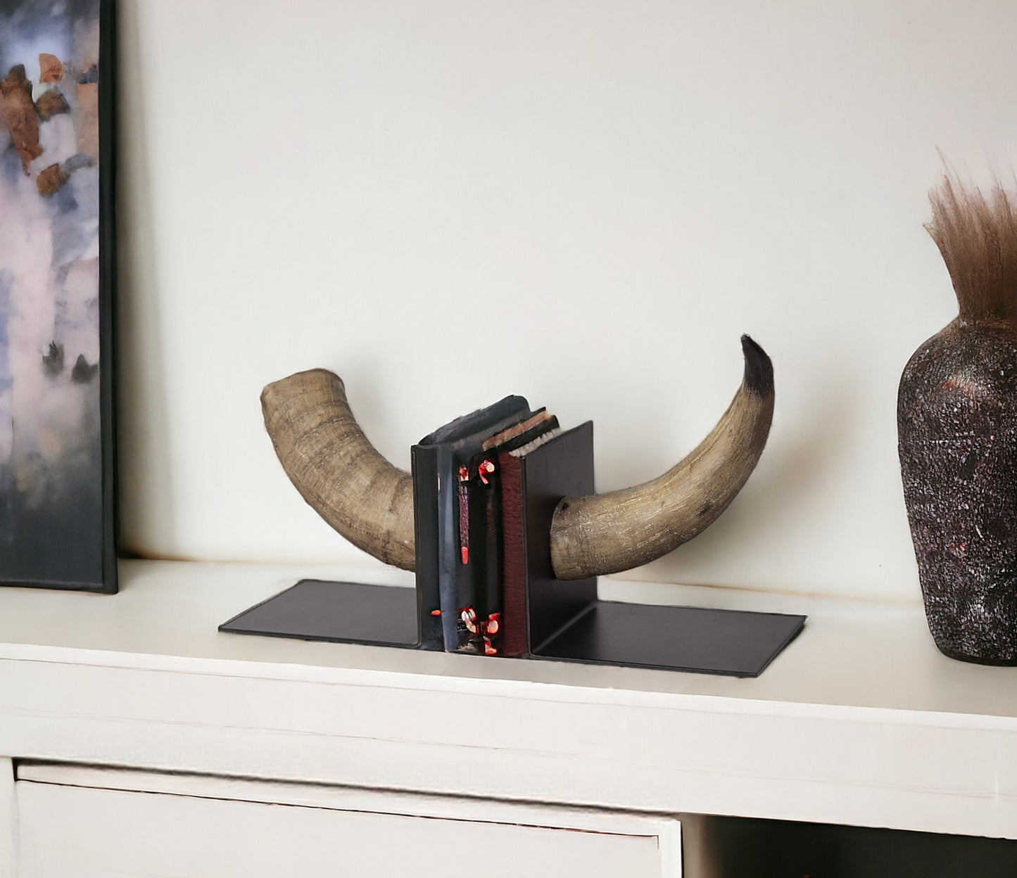 Set of Two 6" Brown and Black Ceramic Horn Decorative Bookends