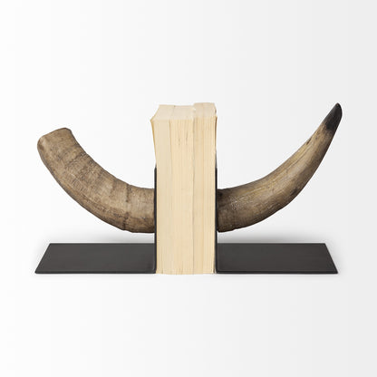 Set of Two 6" Brown and Black Ceramic Horn Decorative Bookends