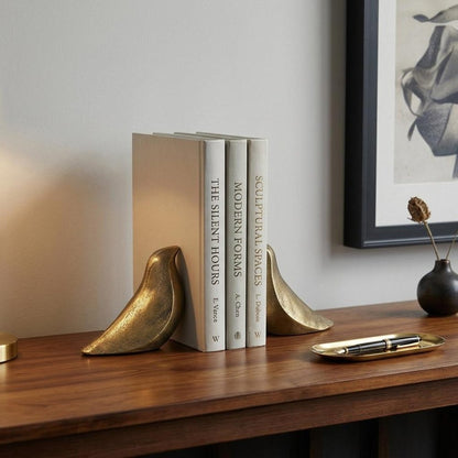 Set of Two 3" Gold Metal Bird Decorative Bookends HomeRoots