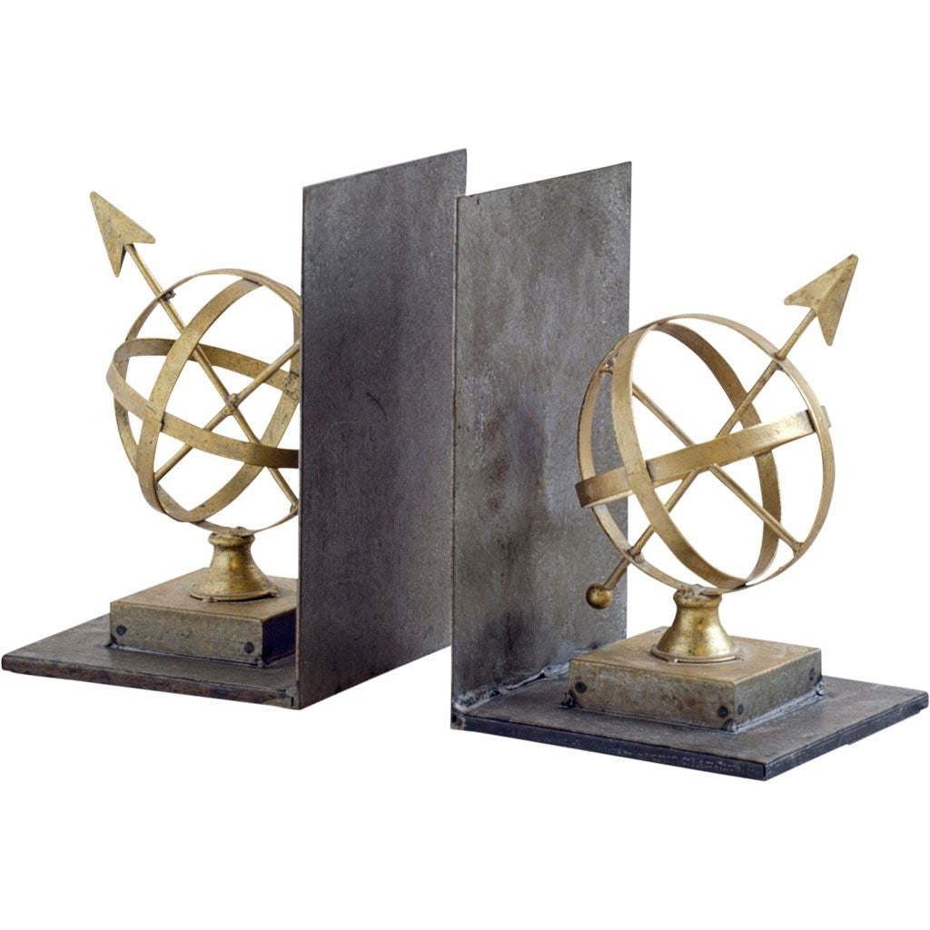 Set of Two Black And Gold Wood And Metal Sphere Compass Decorative Bookends