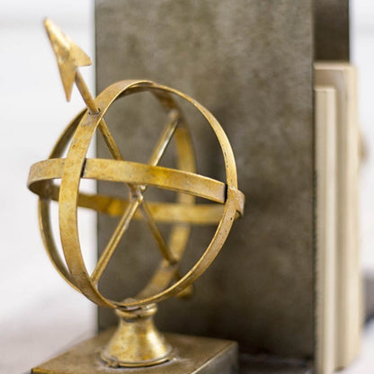 Set of Two Black And Gold Wood And Metal Sphere Compass Decorative Bookends