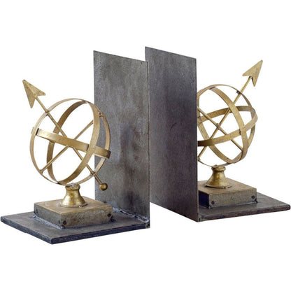 Set of Two Black And Gold Wood And Metal Sphere Compass Decorative Bookends