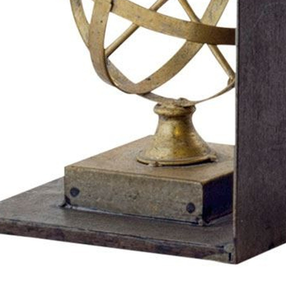 Set of Two Black And Gold Wood And Metal Sphere Compass Decorative Bookends