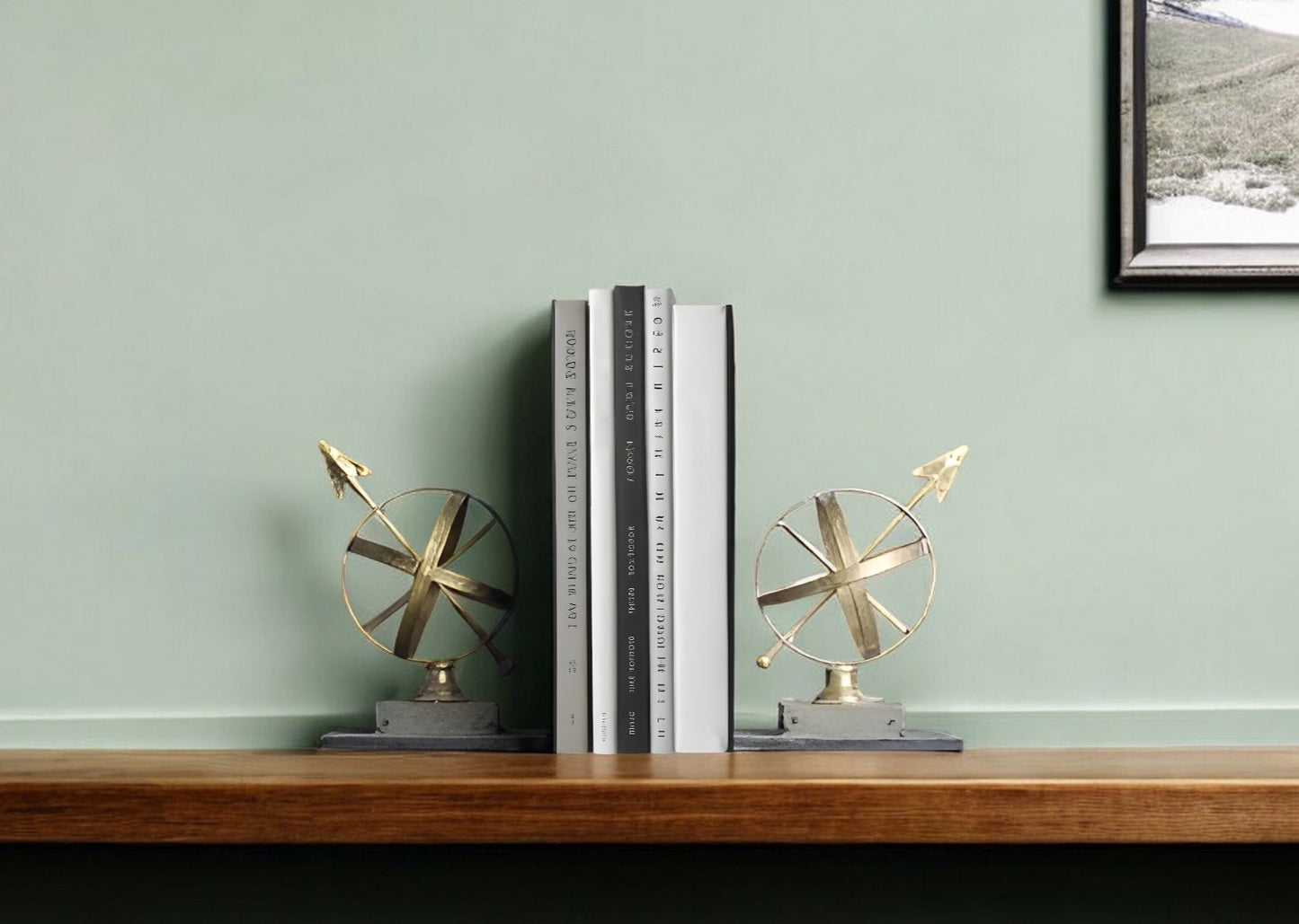 Set of Two Black And Gold Wood And Metal Sphere Compass Decorative Bookends