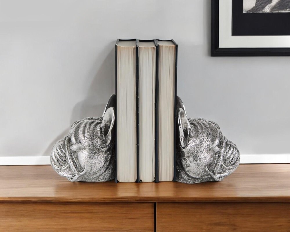 Set of Two 6" Silver Metal Dog Decorative Bookends HomeRoots