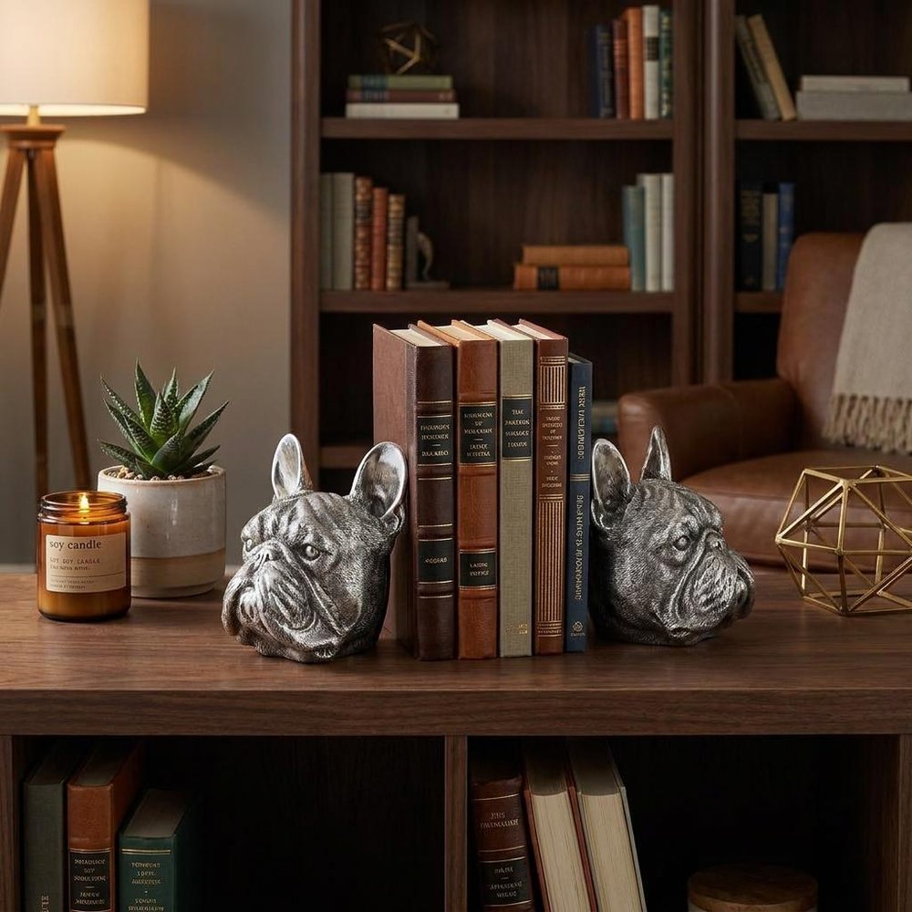 Set of Two 6" Silver Metal Dog Decorative Bookends HomeRoots
