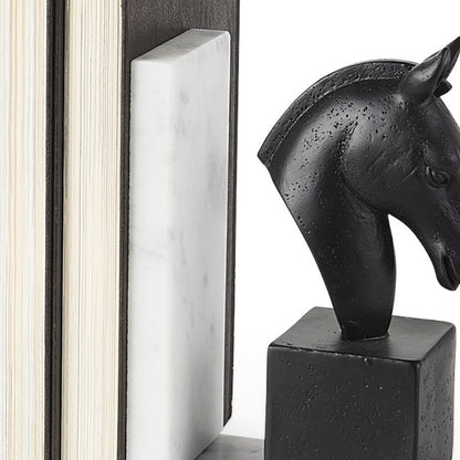 Black Stallion On White Marble Bookends