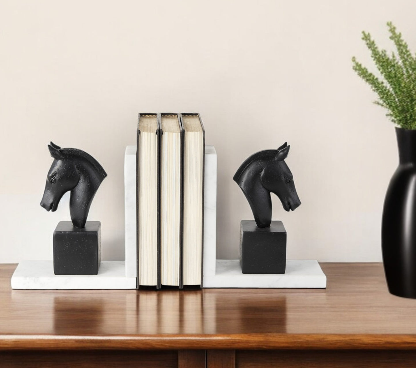 Set of Two 8" Black Glass Horse Decorative Bookends