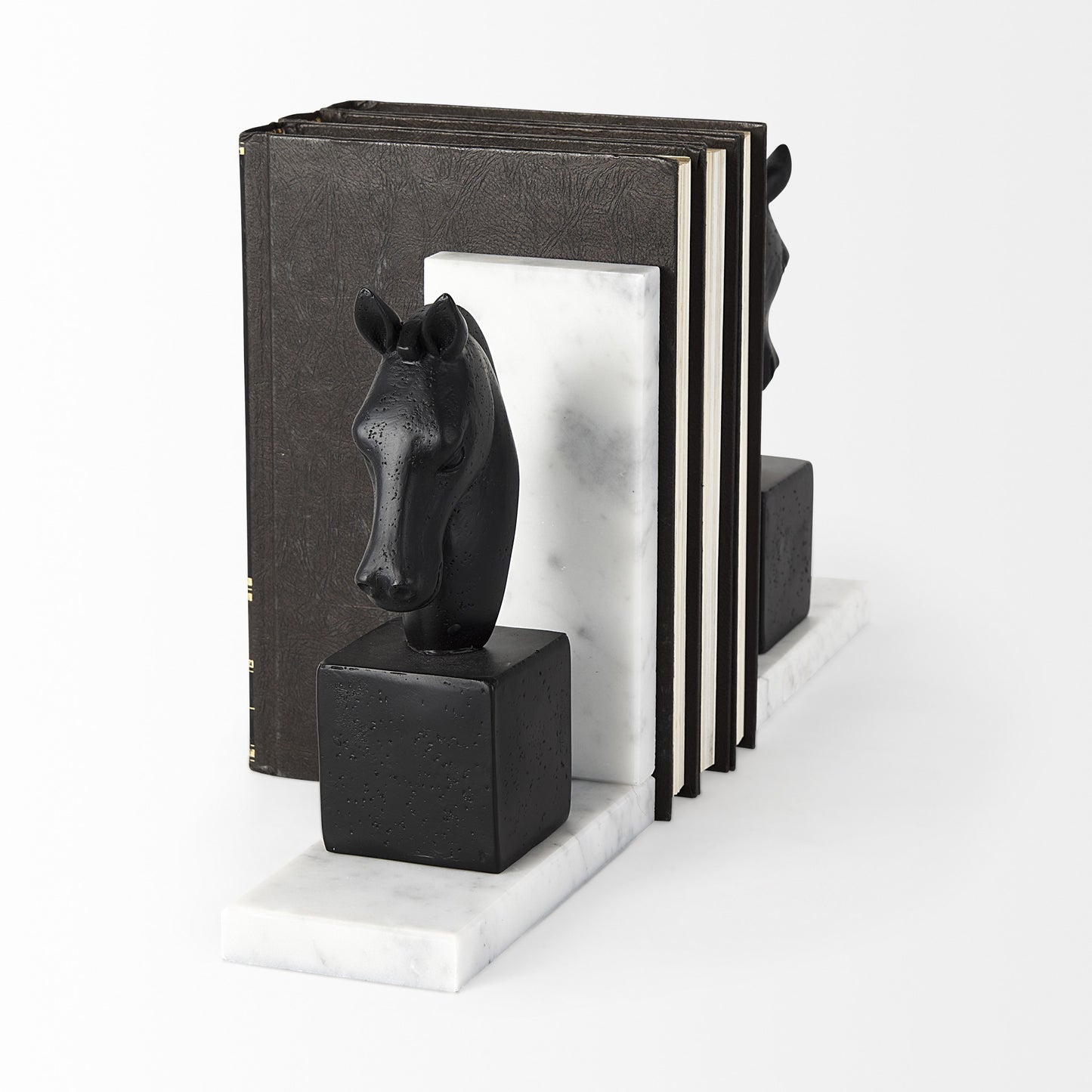 Black Stallion On White Marble Bookends