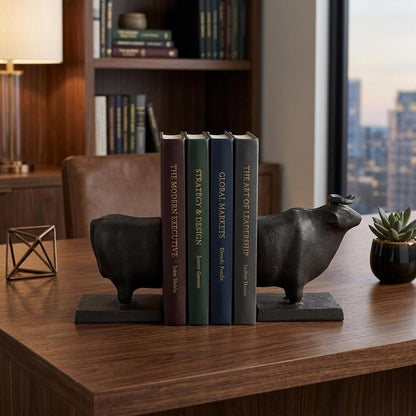 Set of Two 7" Black Fabric Bull Decorative Bookends HomeRoots