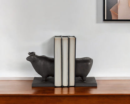 Set of Two 7" Black Fabric Bull Decorative Bookends HomeRoots