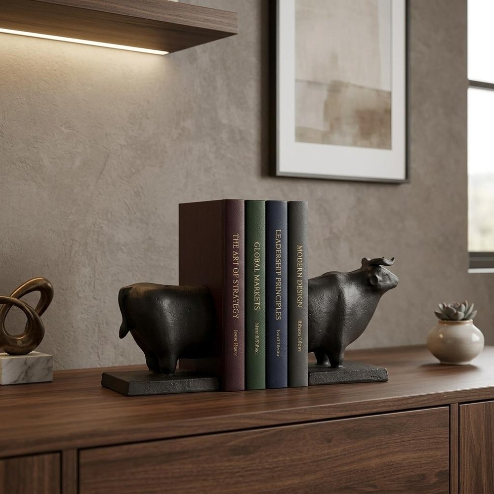 Set of Two 7" Black Fabric Bull Decorative Bookends HomeRoots