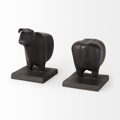 Set of Two 7" Black Fabric Bull Decorative Bookends HomeRoots