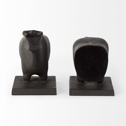 Set of Two 7" Black Fabric Bull Decorative Bookends HomeRoots