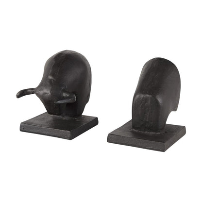 Set of Two 6" Black Metal Bull Decorative Bookends HomeRoots
