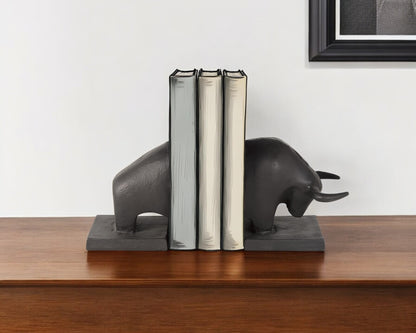 Set of Two 6" Black Metal Bull Decorative Bookends