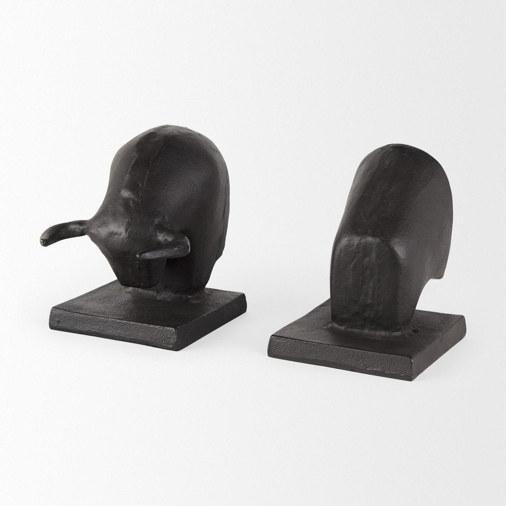 Set of Two 6" Black Metal Bull Decorative Bookends HomeRoots