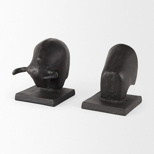 Set of Two 6" Black Metal Bull Decorative Bookends HomeRoots
