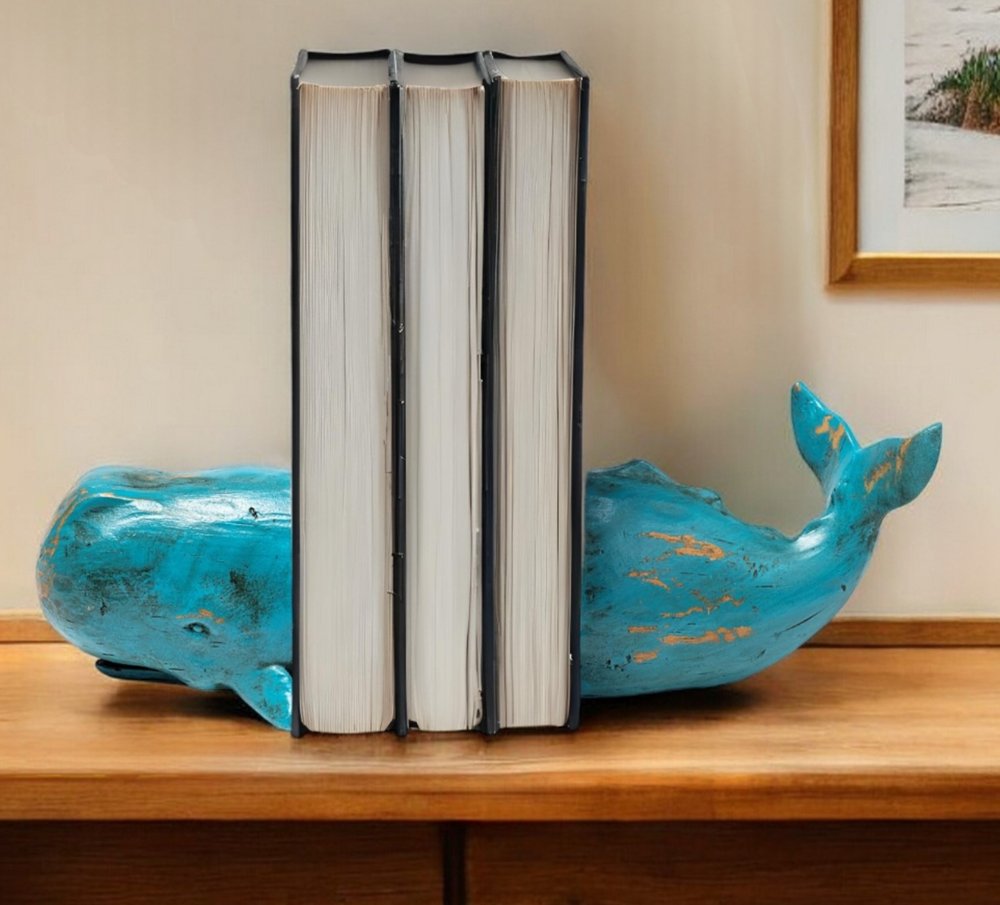 Set of Two Aqua Resin Whale Decorative Bookends HomeRoots