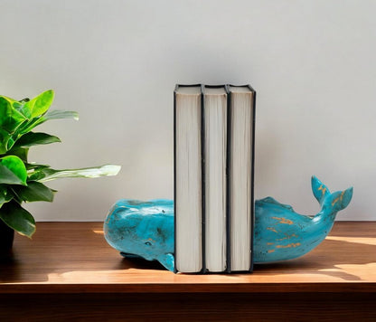 Set of Two Aqua Resin Whale Decorative Bookends HomeRoots