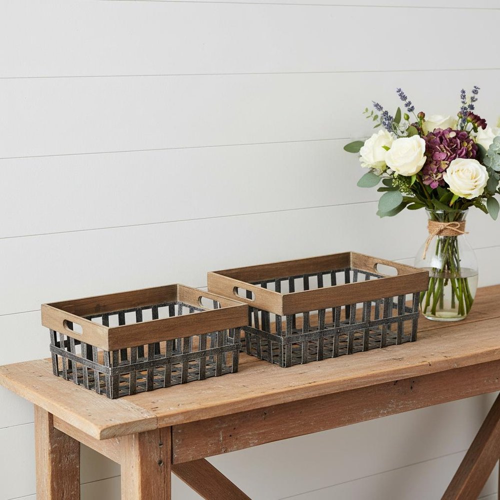 Set of Two 19" Gray Metal Basket HomeRoots