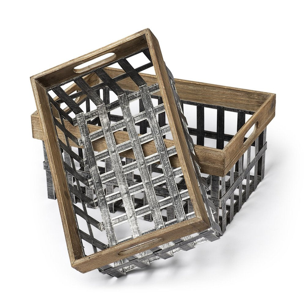 Set of Two 19" Gray Metal Basket HomeRoots