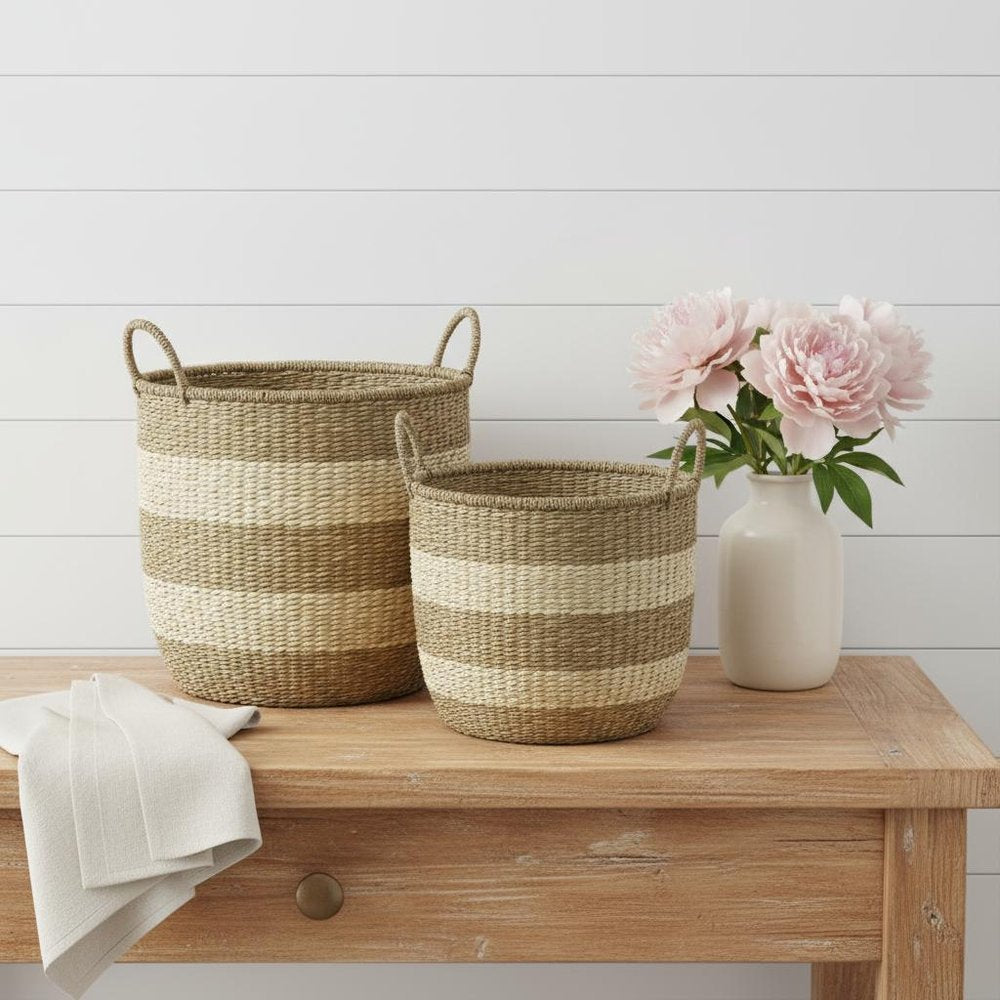 Set of Two Natural And Beige Wicker Basket HomeRoots