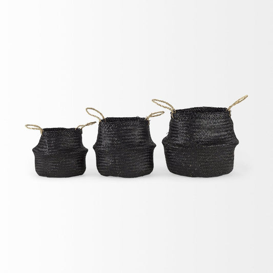 Set of Three Black Wicker Basket