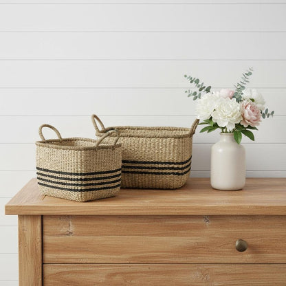 Set of Two Natural And Black Rattan Basket HomeRoots
