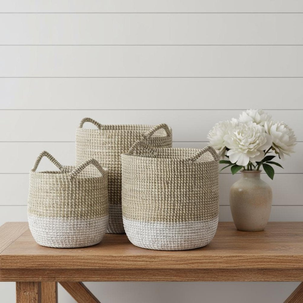 Set of Three Beige And White Wicker Desk Organizer HomeRoots