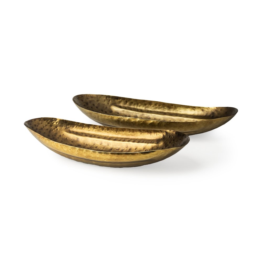 Set of Two Gold Hammered Metal Boat Shaped Decorative Bowls HomeRoots
