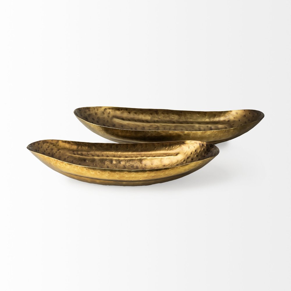 Set of Two Gold Hammered Metal Boat Shaped Decorative Bowls HomeRoots