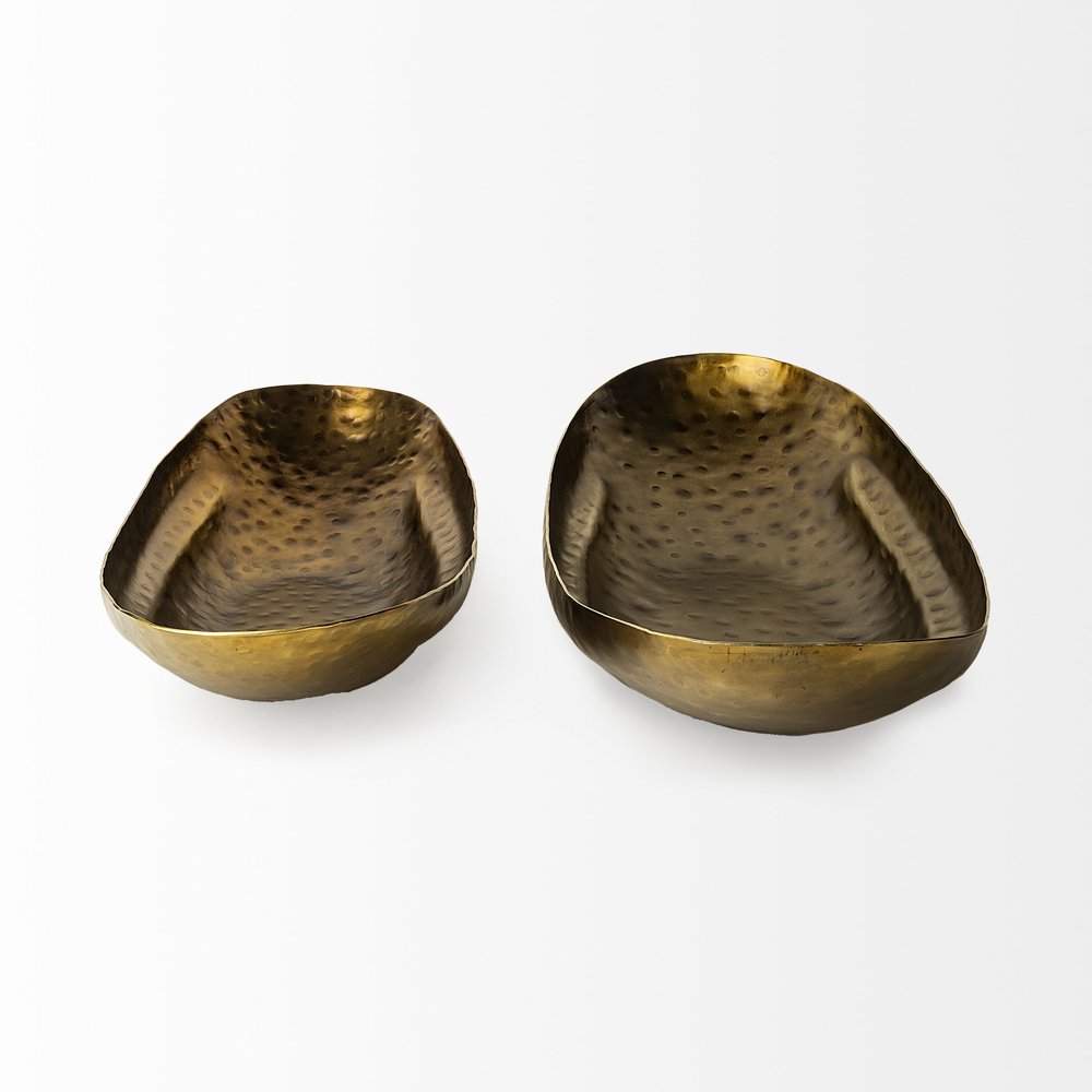 Set of Two Gold Hammered Metal Boat Shaped Decorative Bowls HomeRoots