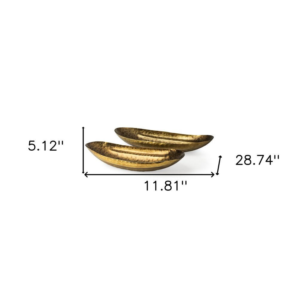 Set of Two Gold Hammered Metal Boat Shaped Decorative Bowls HomeRoots