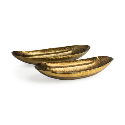 Set of Two Gold Hammered Metal Boat Shaped Decorative Bowls HomeRoots