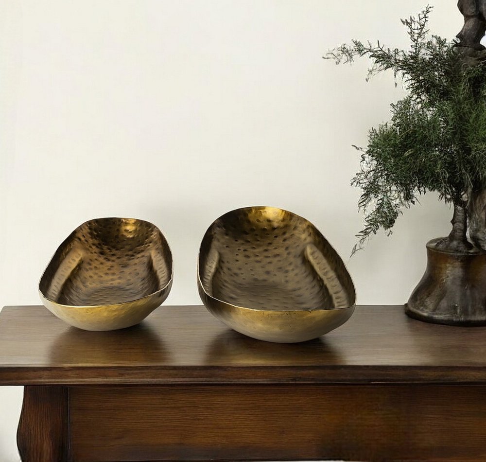 Set of Two Gold Hammered Metal Boat Shaped Decorative Bowls HomeRoots