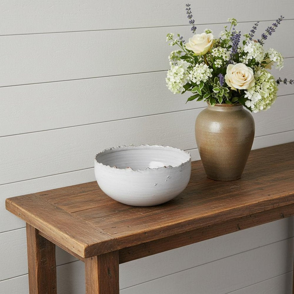13" White Ceramic Torn Edge Round Centerpiece Bowl HomeRoots