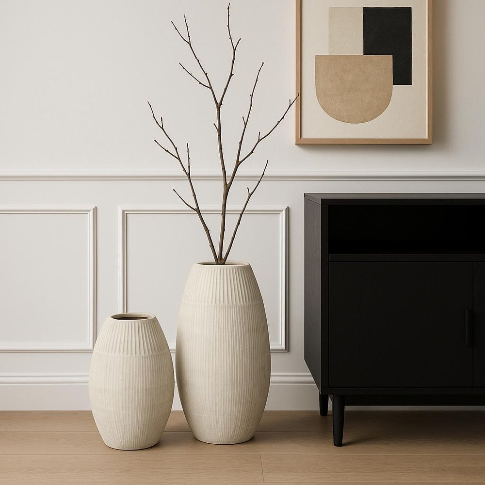21" White Striped Ceramic Cylinder Floor Vase HomeRoots