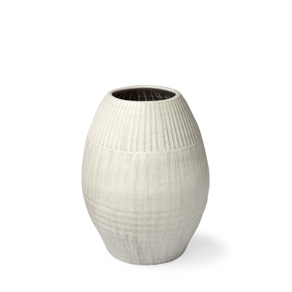 21" White Striped Ceramic Cylinder Floor Vase — view 1